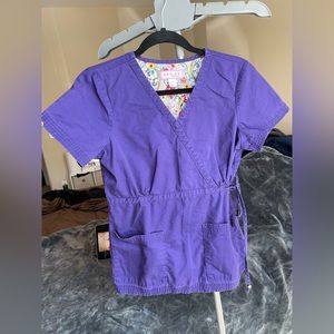 Koi women’s scrub top, purple small top, cinched mid tie